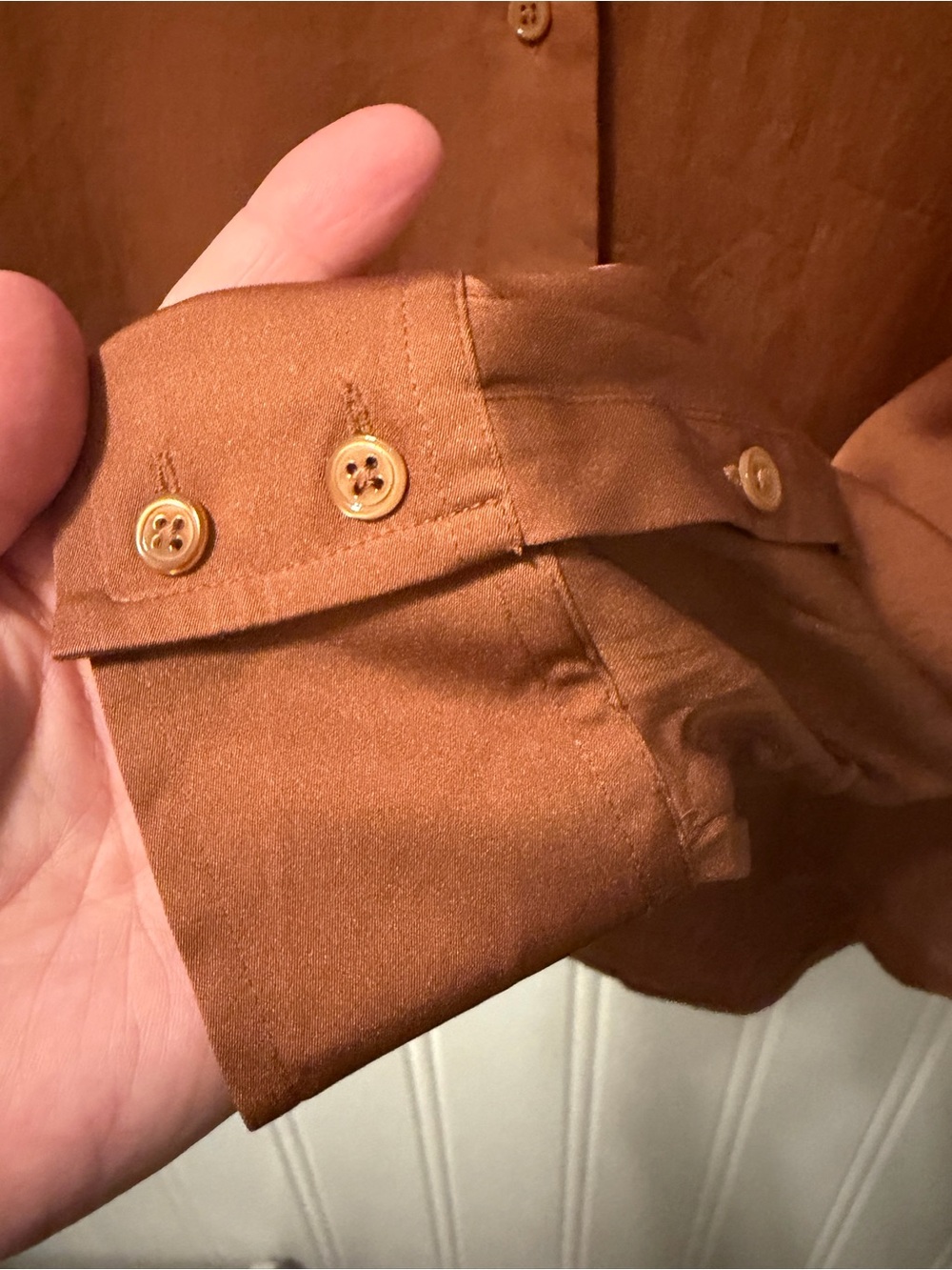 Quince Womens M 90% Silk Stretch Button Down Shirt Copper Brown High Low - Picture 9 of 11